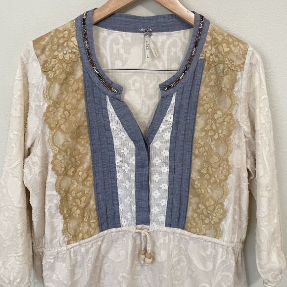 Gimmicks By BKE Top Womens L V-Neck 3/4 Sleeve Pullover Shirt Lace Beaded Boho - Picture 10 of 15